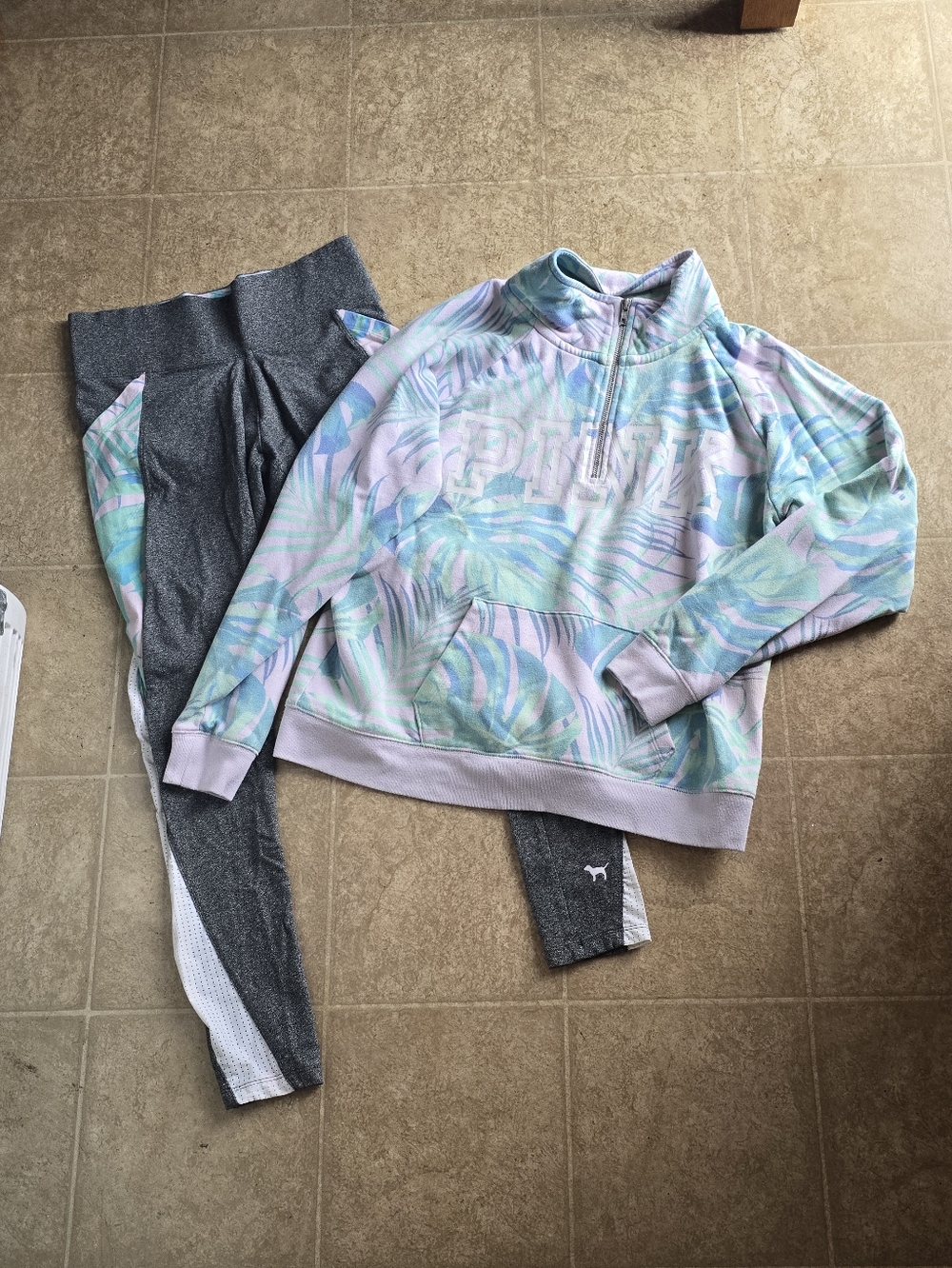 Victoria's Secret PINK Pastel Palm-Print Half-Zip Pullover & Leggings